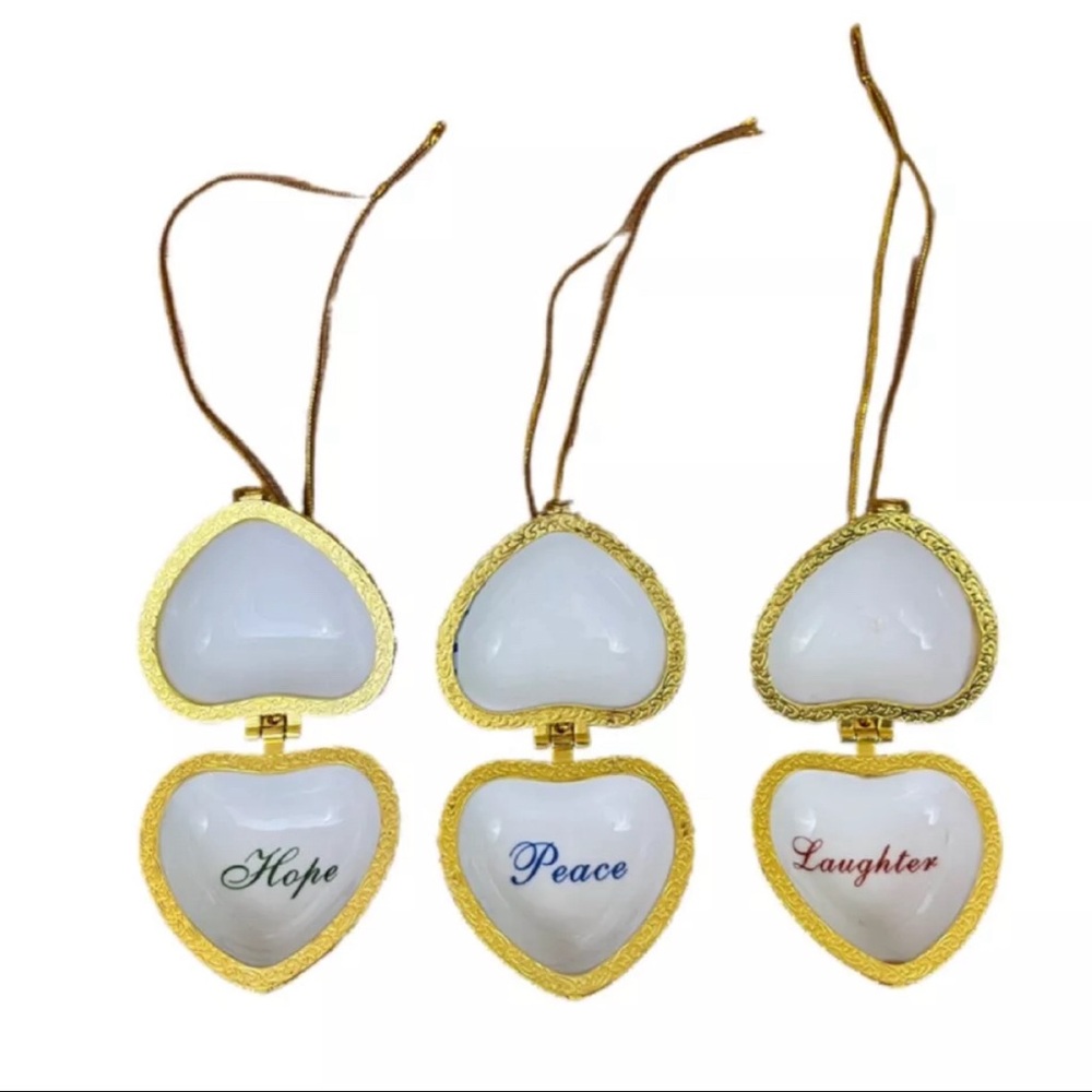 3 Valerie Parr Hill Porcelain Hearts Hope Peace Laughter Memory Trinket Ornament - Picture 2 of 12